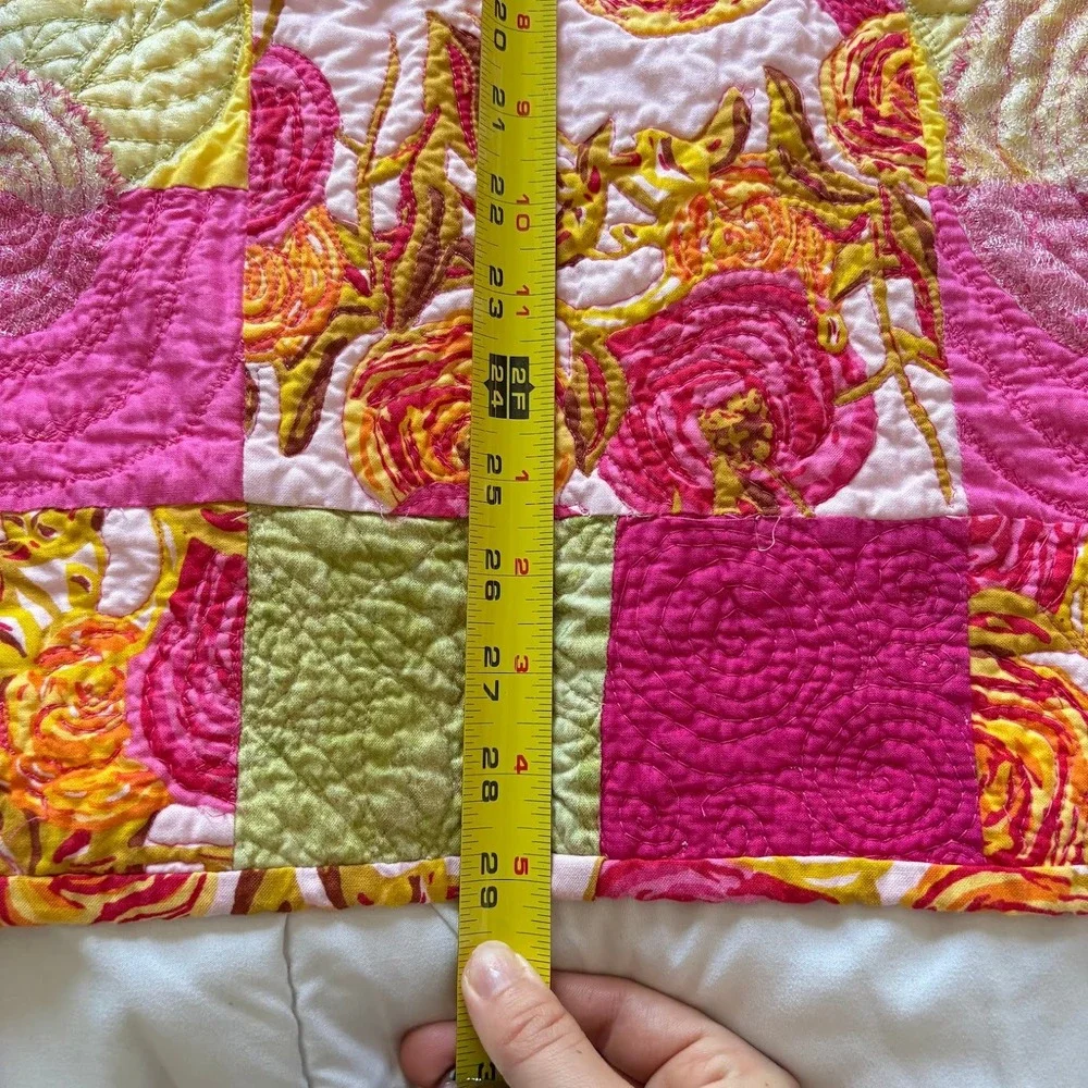 Vintage Handmade Floral Patchwork Quilted Table Runner Pink Yellow Green 29x28